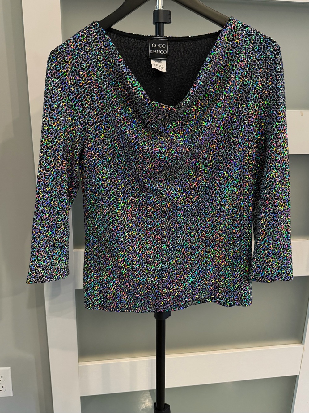 Coco Bianco Black Multicolor Sequin Draped Neck Top